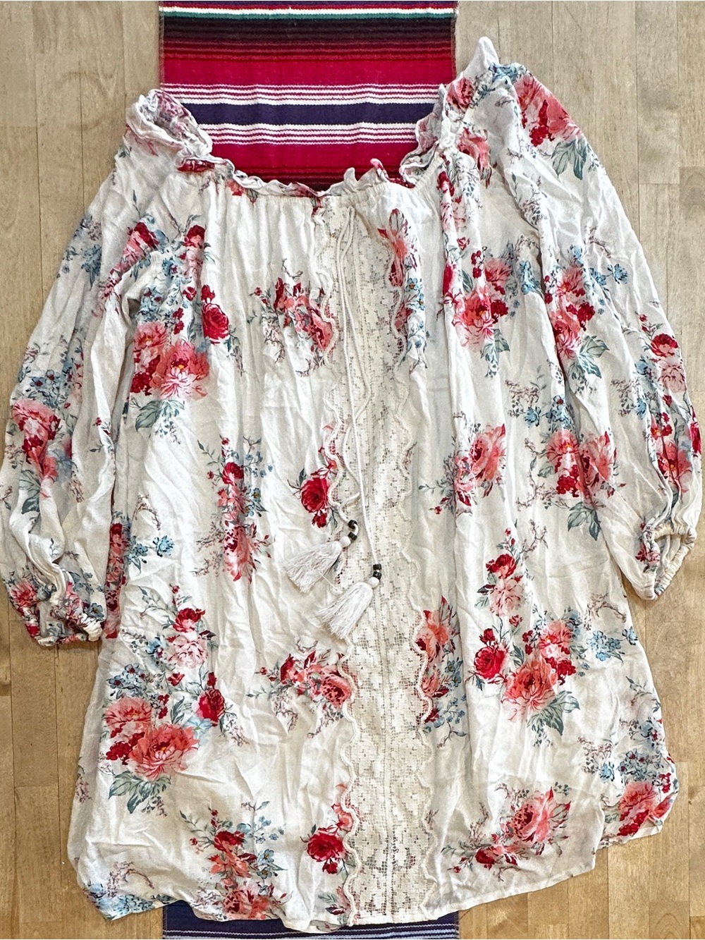 Xhilaration Ivory Floral Off-Shoulder Tunic with Red & Pink Roses